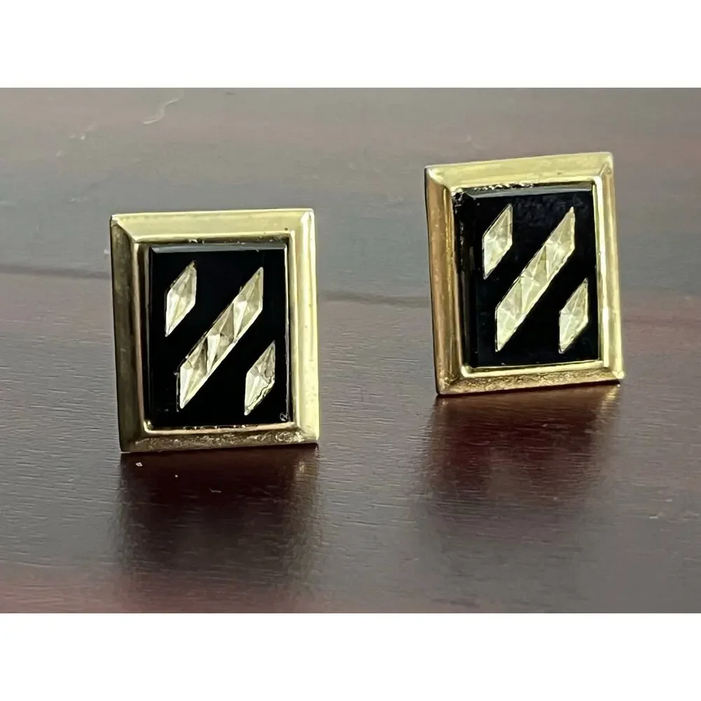 VTG Black Onyx Rhinestone Gold Tone Cufflinks Retro MCM